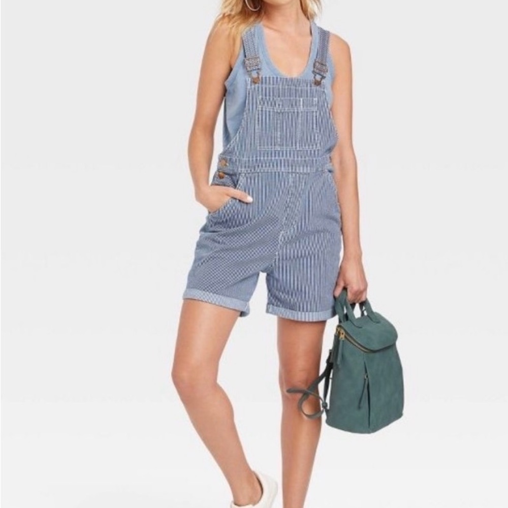 Universal Thread Railroad Striped Denim Shortalls- Blue and White